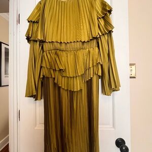 Andrea Iyamah Mustard Pleated Ruffle Long-Sleeve Maxi Dress